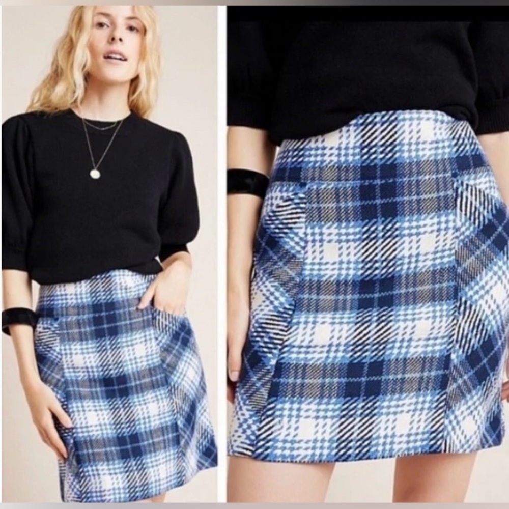 Maeve by Anthropologie Blue Plaid Tweed Mini Skirt โ Size 16W